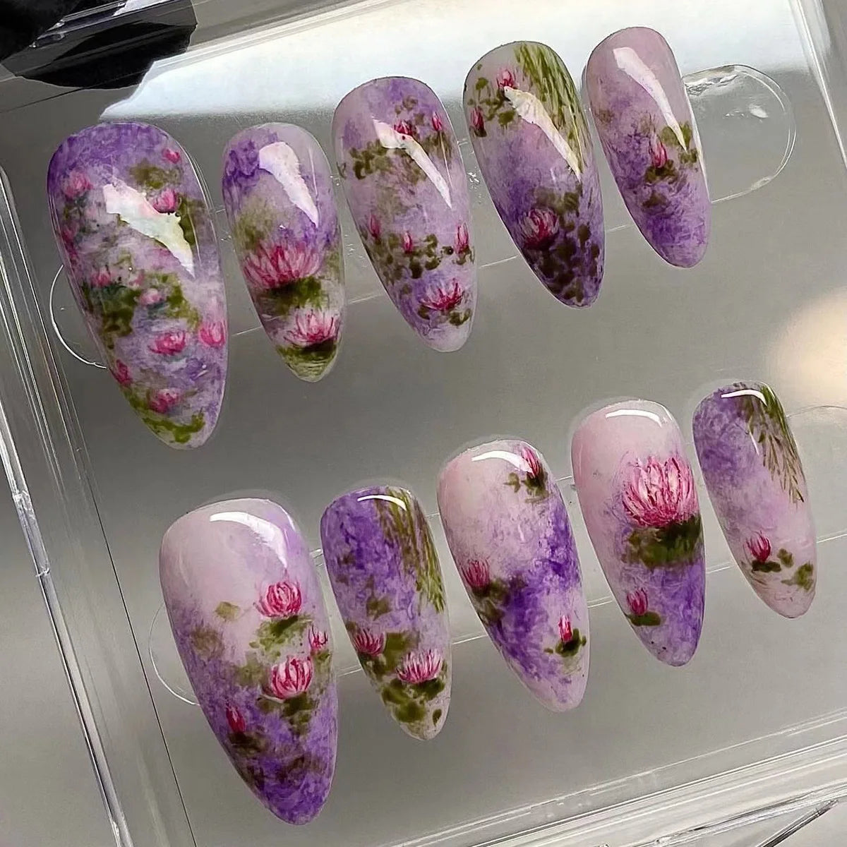 Summer Purple Halo Dyeing Hand Painted Lotus Flower Almond False Nails Detachable Finished Fake Nails Press on Nails with Glue