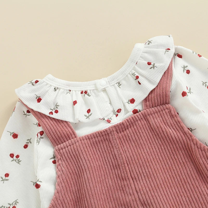 2Pcs Newborn Baby Girl Clothes Set Floral Print Long Sleeve Romper Pocket Corduroy Strap Suspender Skirts Girls Spring Outfits