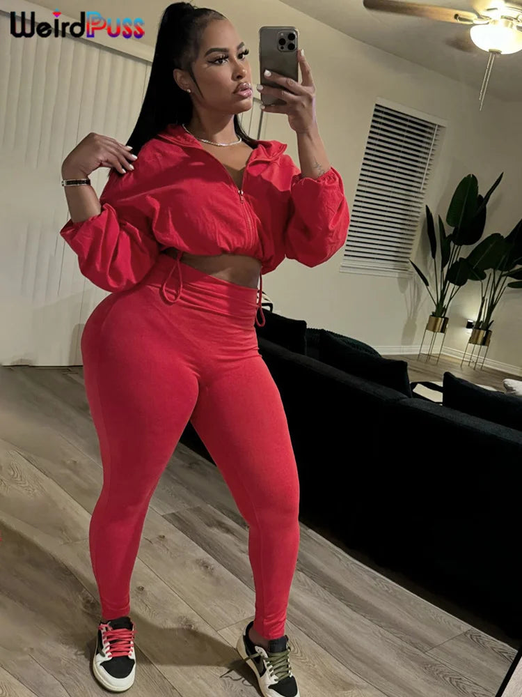 Weird Puss Autumn Women 2 Piece Set Casual Tracksuit Zipper Thin Drawstring Jacket+Leggings Matching Streetwear Sporty Suit