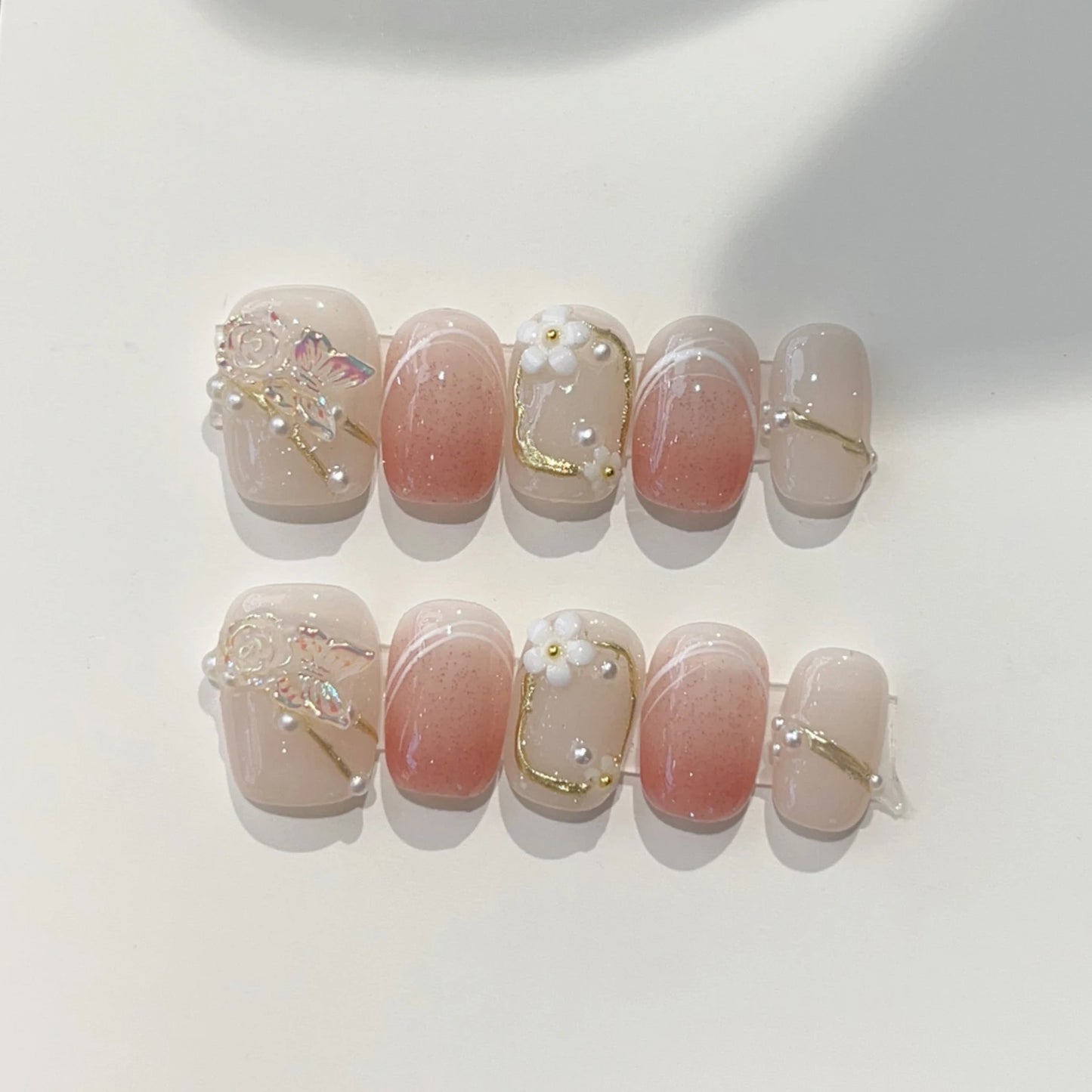 10Pcs Short Round Handmade Press On Nails Full Cover Peach Pink Summer Design Cute False Nails Artificial Manicure False Nails