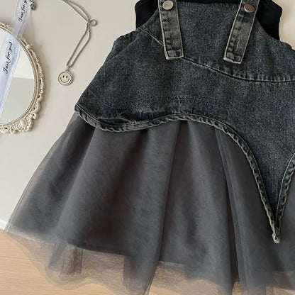 Summer New Girl Clothing Sets Korean Edition Cowboy Mesh Dress+Tank Top 2Pcs Princess Street Style Set Fashion Kids Outfit