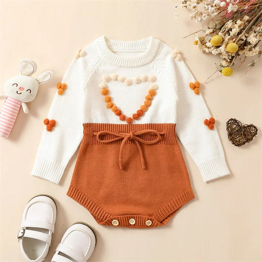 Newborn Baby Girls Sweater Romper Autumn Winter Knit Clothes Long Sleeve Contrast Color Heart Crotch Button Bodysuit For Toddler