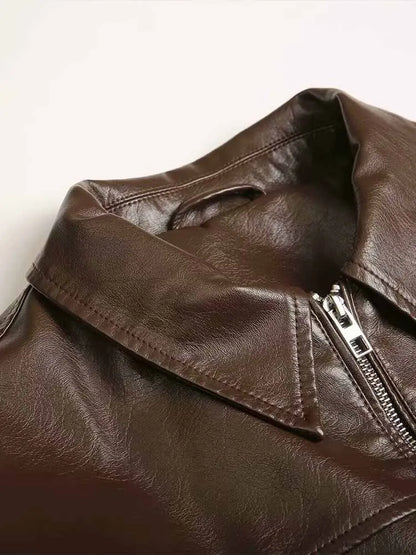 Autumn Style French Fashionable Versatile Textured Leather Jacket