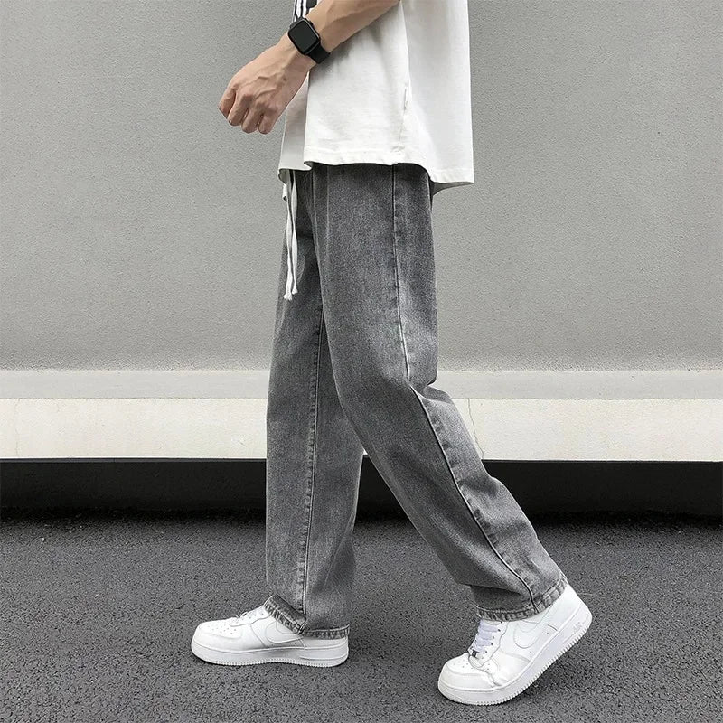 Casual Straight-Leg Jeans Men's Spring New Loose-Fit Elastic Waist American Style Wide-Leg Trousers New Arrival High Street Fash