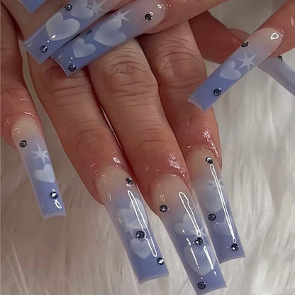 24Ps Super Long Ballet Wearable Fake Nails Blue Diamond Small Flower Press on Nail Stickers Finished Removable False Nail Pieces