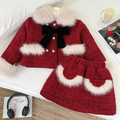 Girls' Suit Winter New Korean Version of Girls' Pink Small Fragrance Long-sleeved Coat + Skirt Two-piece Set  Girl Clothes