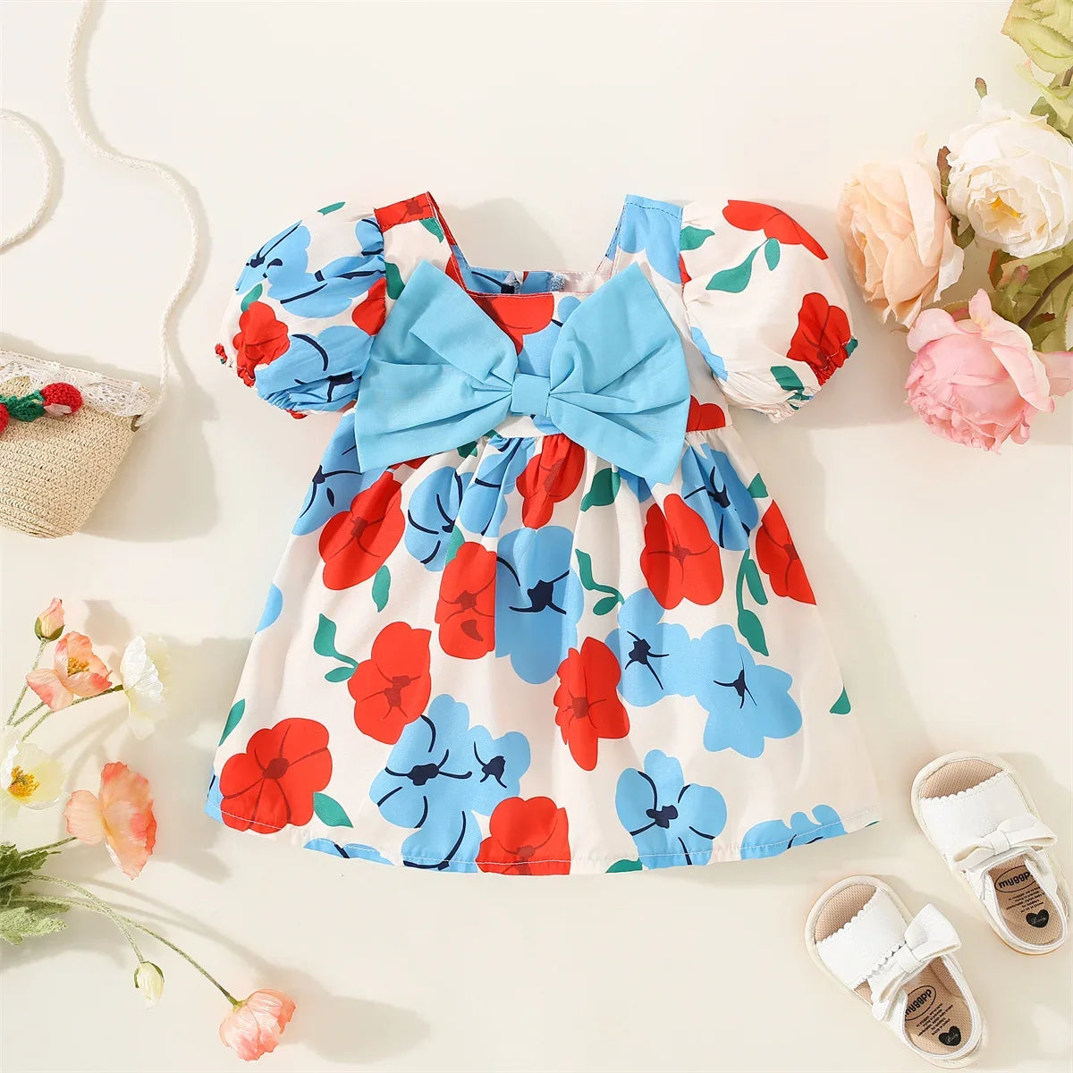 Girls' Bow Dress Summer European And American Fashion Big Flower Short Sleeve Comfortable Square Neck Daily Knee Length Skirt