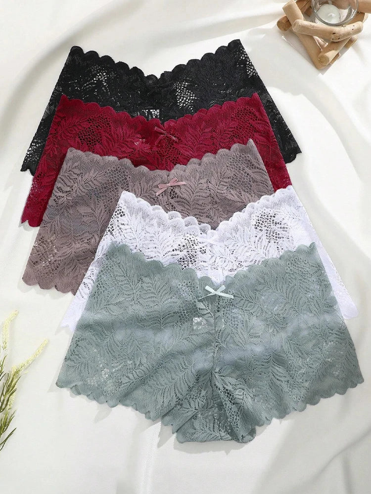 FINETOO 5Pcs Lace Boyshort Panties Women Low Waist Floral Underwear Girls Sexy Breathable Briefs Ladies Hollow Out Lingerie S-XL