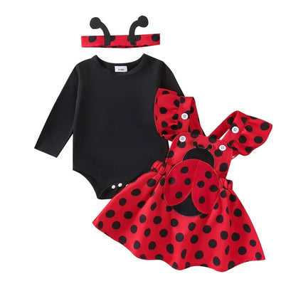 Pudcoco Infant Baby Girls Autumn Skirt Sets Flying Sleeve Romper Bee/Beetle Embroidery Suspender Dress Headband Sets