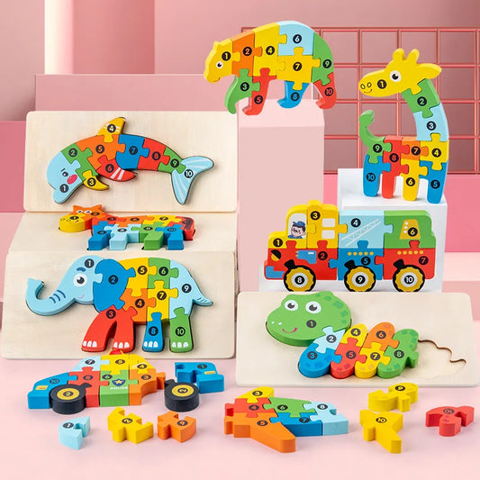 1PCS 3D Puzzle Wooden Dinosaur Animal Jigsaw Puzzle Early Education Color Sorting Learning Educational Toys  For Toddlers Gift