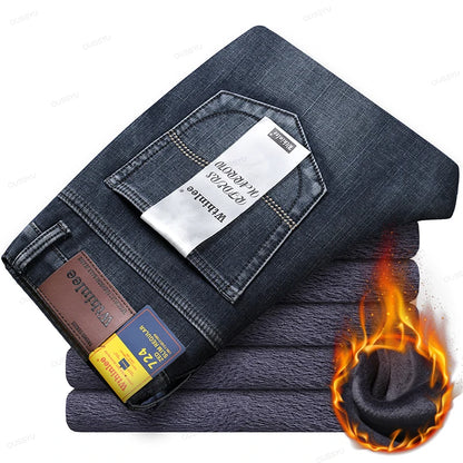 Winter Warm Fleece Classic Retro Jeans Men Thicken Stretch Blue Denim Pants Velvet Flocking Plush Trousers Male Streetwear