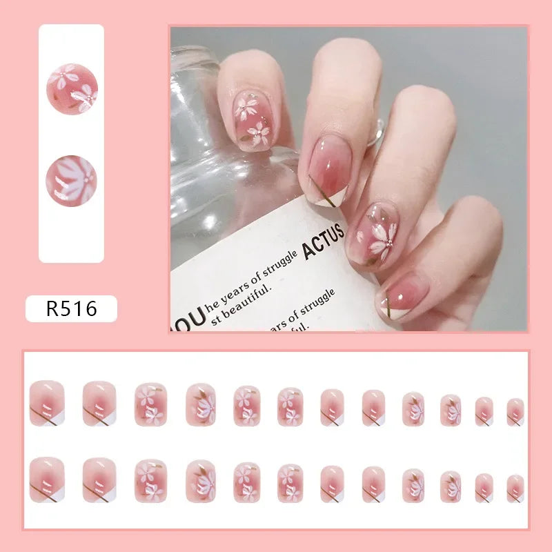 Vintage Camellia Wearable Pink Press on Fake Nails Tips with Glue False Nails Design Butterfly Lovely Girl False Nails