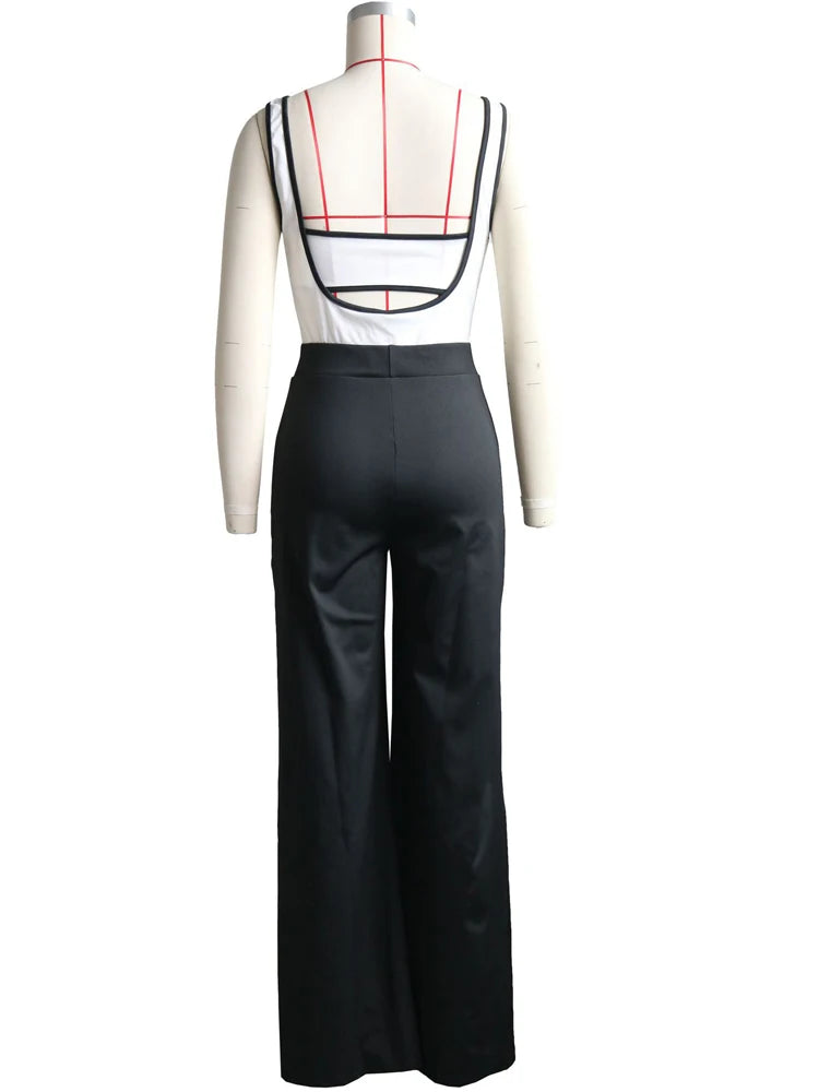 Beyprern Elegant Women's Suspender Jumpsuits Two-Piece Outfits Glam Fitted Button Details Wide Legs Long Pants Jumpsuit Clubwear