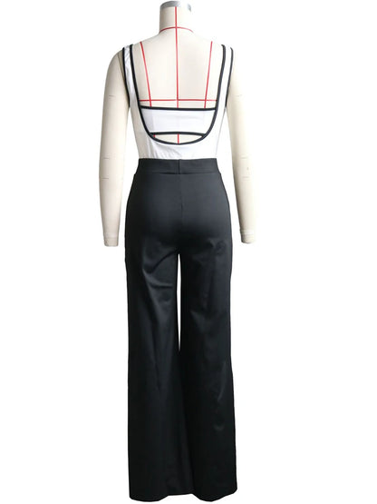 Beyprern Elegant Women's Suspender Jumpsuits Two-Piece Outfits Glam Fitted Button Details Wide Legs Long Pants Jumpsuit Clubwear