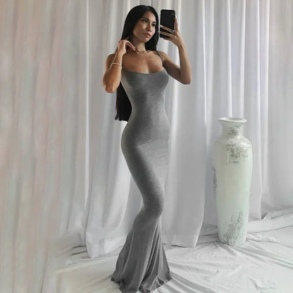 Sexy Bodycon Long Dress Solid Color Spaghetti Strap