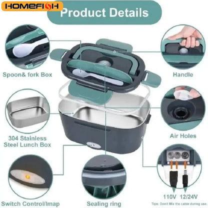 HOMEFISH 1.5 L  60W Electric Lunch Box Food Warmer Portable Food Heater for Car Or Home - Leak Proof 304 Stainless Steel Liner