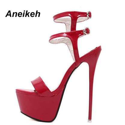 Aneikeh Sandals Sexy Open Toe 16CM High Heels Shoes Black Red White