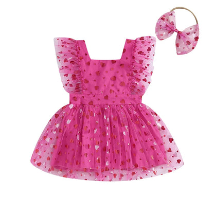 0-18M Baby Girls Romper Dress Fly Sleeve Heart Print Mesh Tulle Skirt Hem Bodysuits with Headband