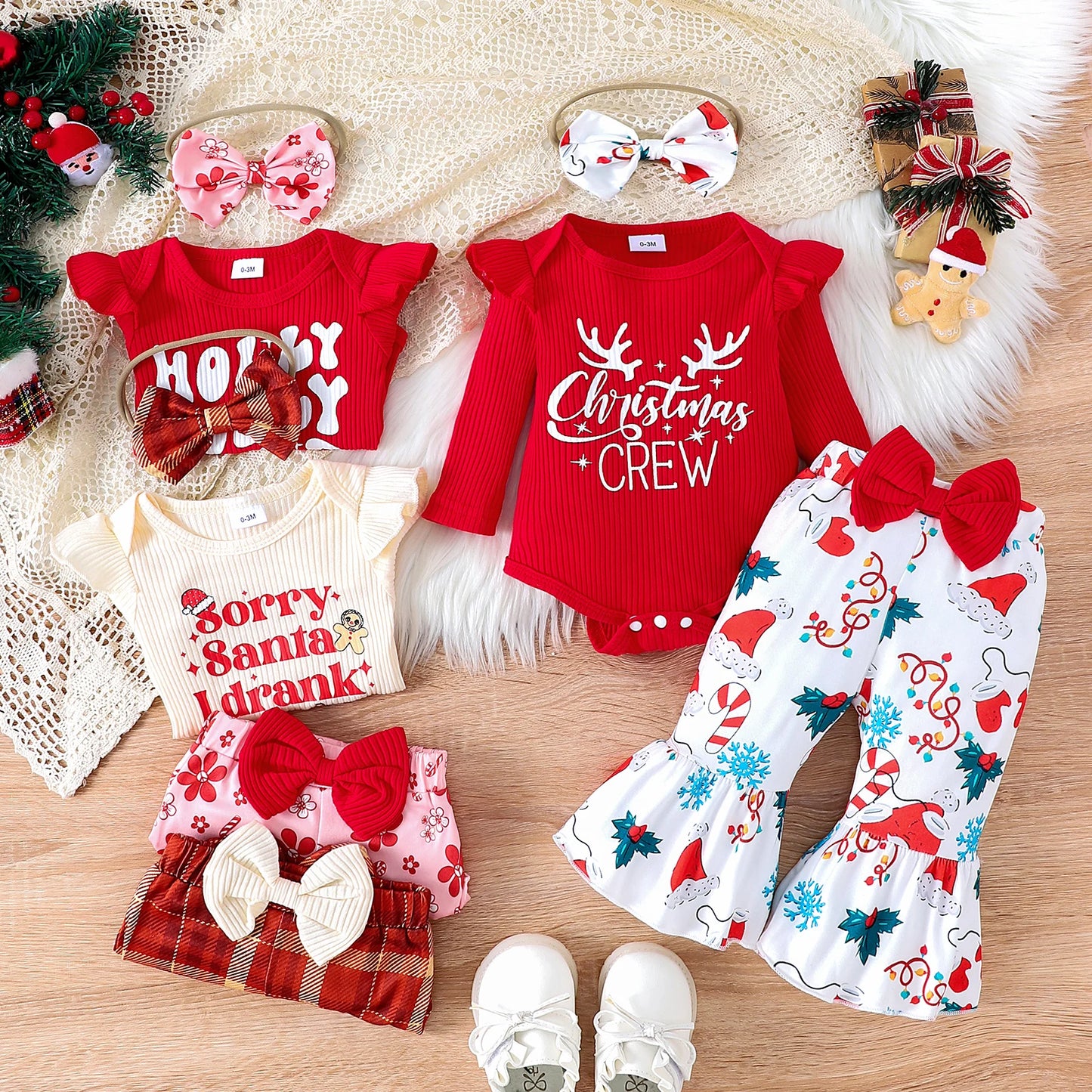 Autumn Girls Aged 0-1 Years Old, Comfortable Christmas Letter Printed Long-Sleeved Clothes + Trousers + Hair Bands