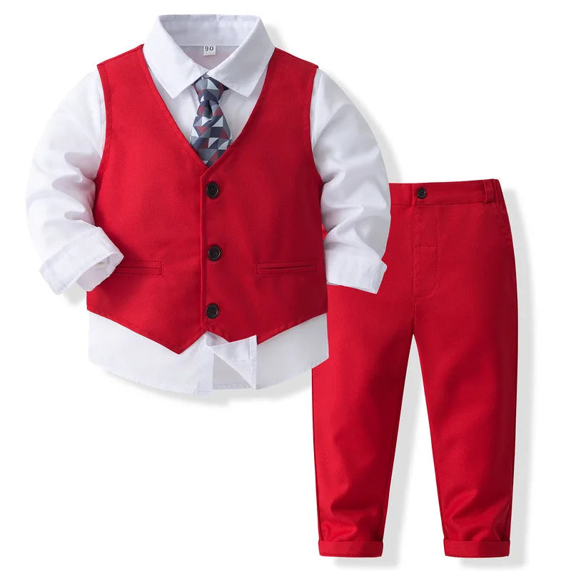 Baby Boy Formal Suit Gentleman Clothes Sets Autumn Children Birthday Wedding Party Dress Suit Sets Bowtie Shirt+Vest+Trouser Set