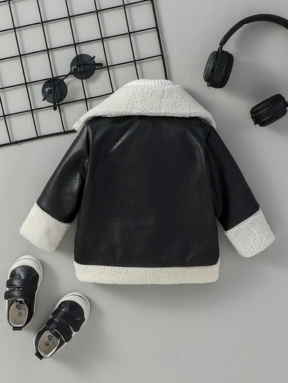 Baby Boys Black Leather Coats Winter Fashion Turn-down Collar Jackets Thick Warm Outerwear Children Clothes For 3M-3Y