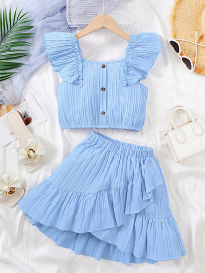 Kid Girls Summer Princess Clothing Set Flutter Sleeve Plain Color Tops+Short Skirt Sweet Style Party Wear For Child 8-12 Years