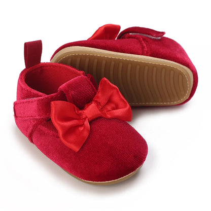 Newborn Baby Shoes Baby Girl Shoes Girl Classic Red Bowknot Rubber Sole Anti-slip PU Dress Shoes First Walker Toddler Crib Shoes