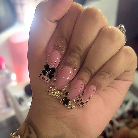 24pcs long square nail, flash diamond jewelry, black ribbon decoration, leopard print fake nail black flower press On nail