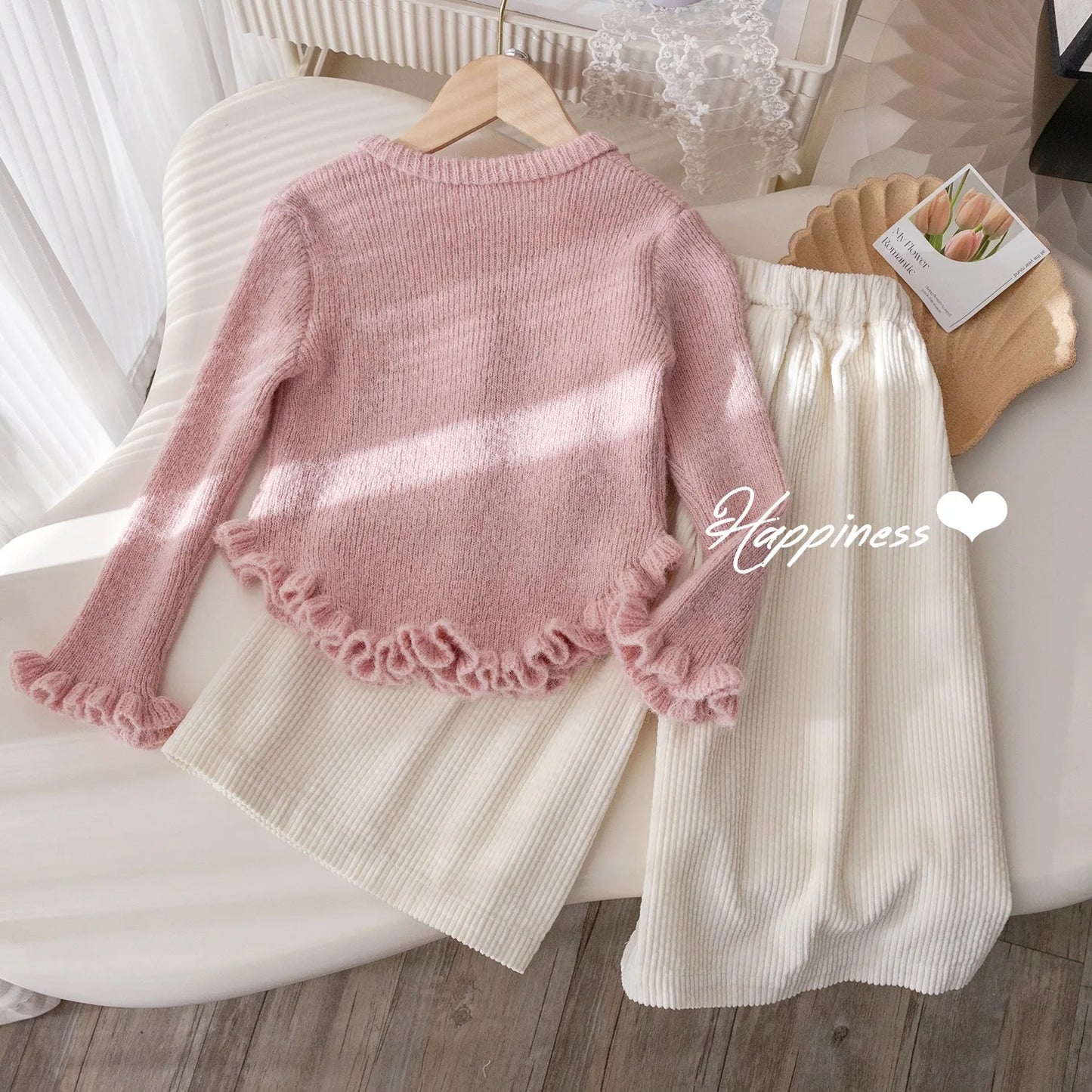 Girls Suit Korean Solid Color Sweater Knitted Spring and Autumn New Simple Straight Leg Slacks Set Baby Girl Clothes