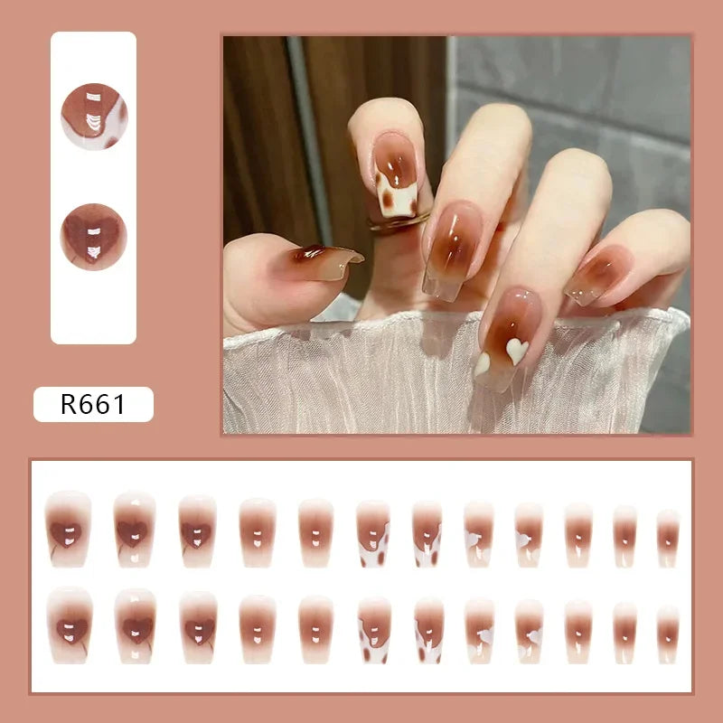 Vintage Camellia Wearable Pink Press on Fake Nails Tips with Glue False Nails Design Butterfly Lovely Girl False Nails