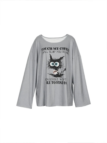 Plus Size Women's Cartoon Cat Funny Monogram Long Sleeve Round Neck Shirt Autumn Best Choice Fashion Round Neck