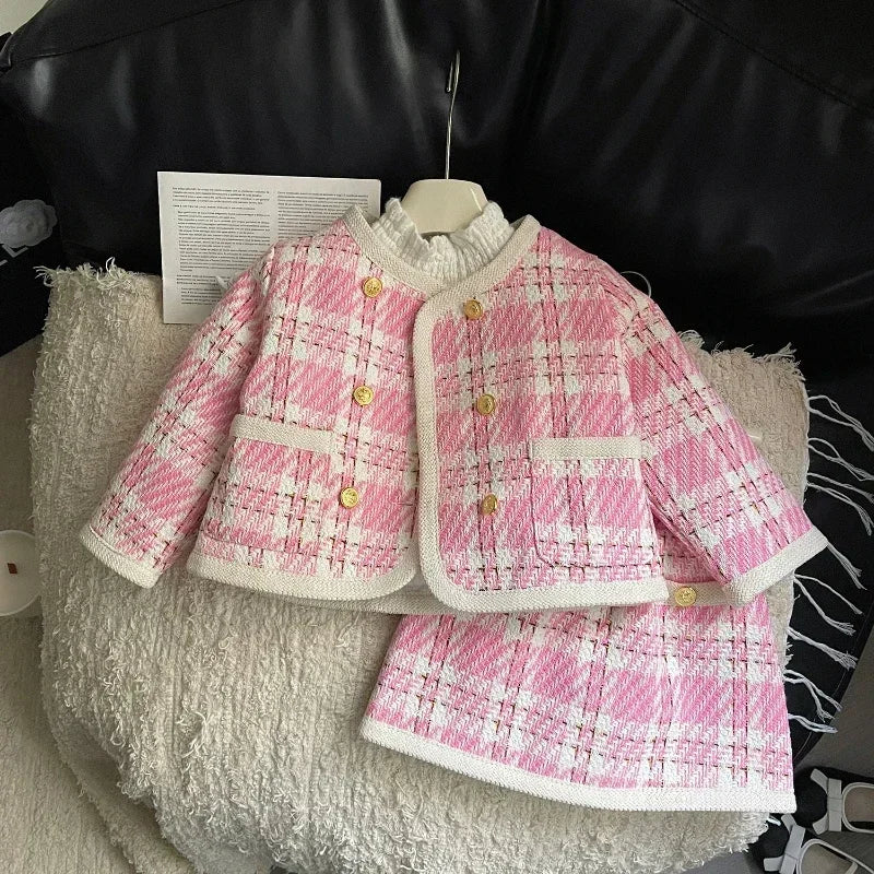 Girls' Suit Winter New Korean Version of Girls' Pink Small Fragrance Long-sleeved Coat + Skirt Two-piece Set  Girl Clothes