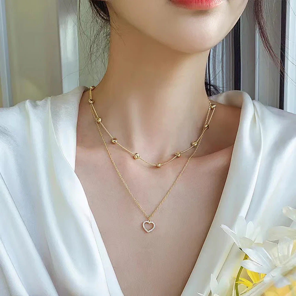 New Fashion Kpop Pearl Choker Necklace Double Layer Chain Pendant