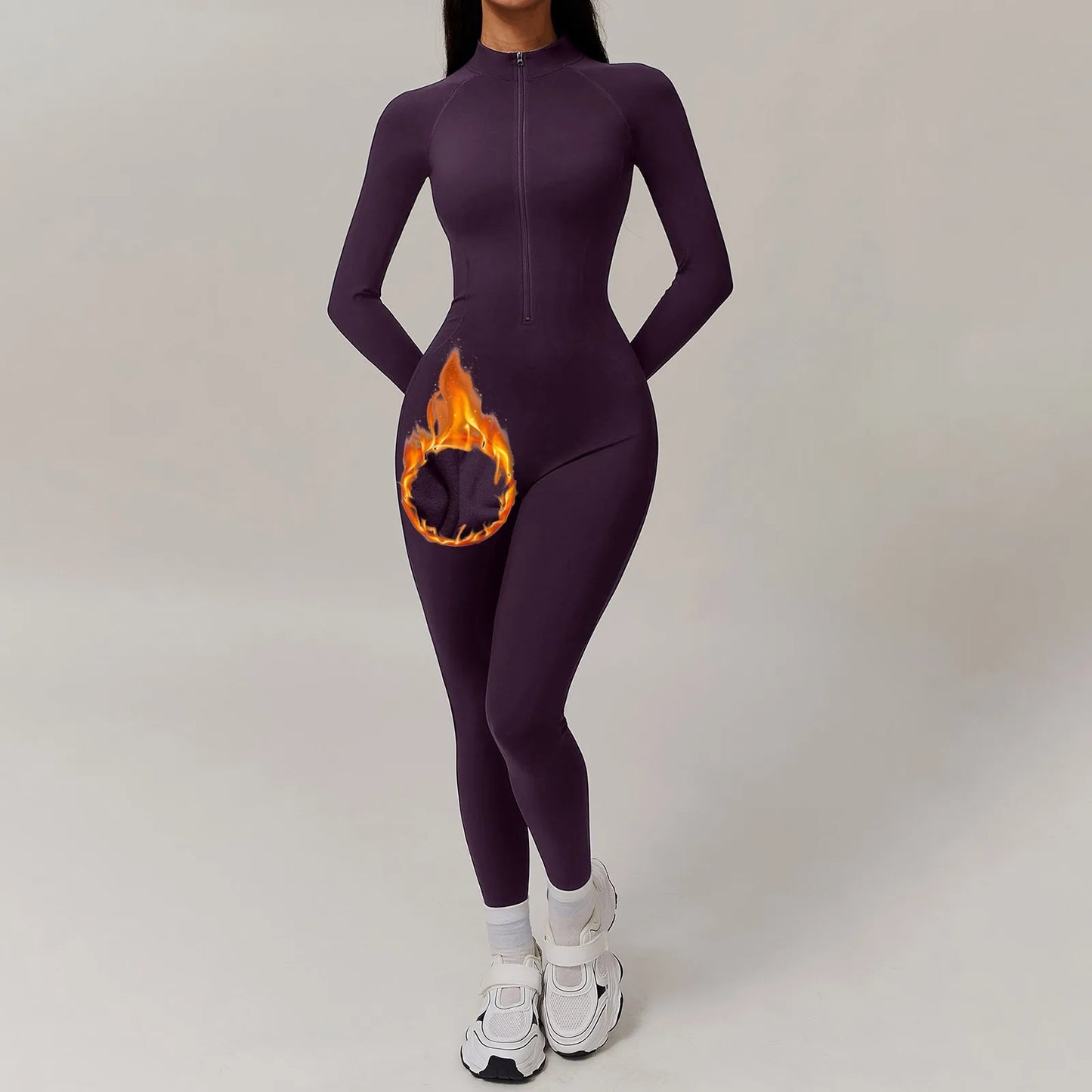 Fleece Lined Warm One-Piece Women Slim Jumpsuit Solid Color Long Sleeve Stand Collar Zipper Bodysuit Stretch Sport Yoga Cothing