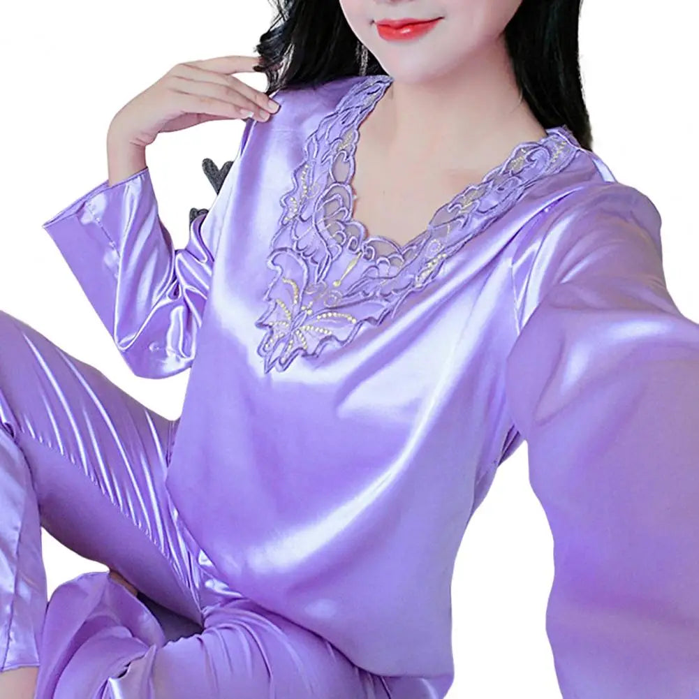 2 Pcs/Set Women Pajamas Set Silky Long Sleeves Spring Nightie Set V Neck Loose Sleeping Lace Women Nightie Set For Bedroom