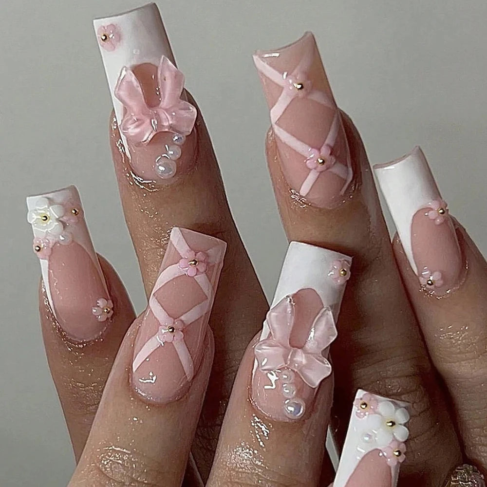 ARTAUG 24PCS Long Coffin Press On Nails Pink Ballerina Bowknot Nails Fake Nails Press On Nails Pink Sakura Cherry Blossom Nails