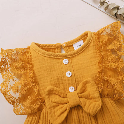 0-18 Months Old Newborn Solid Color Sleeveless Round Neck Lace Edge Bow Romper+Headband Baby Girl Summer New Casual Jumpsuit