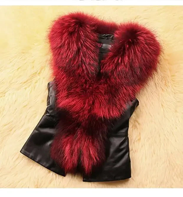 Women Leather Jacket Fur Collar Stitching Simulation Leather