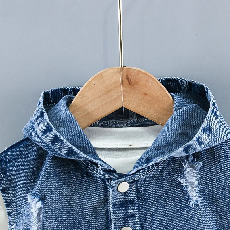 Baby boy clothes spring autumn fashion ripped denim suit letter denim jacket hooded vest + bottoming shirt + pants 3-piece set