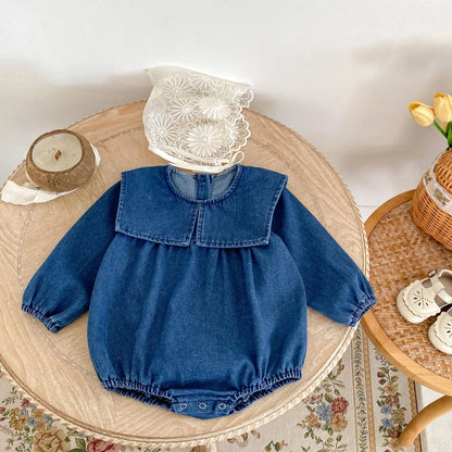 Autumn new 0-3 year old baby clothes girl baby jeans sisters clothes fashionable cute wear large lapel romper