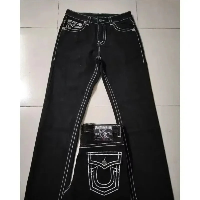 Harajuku Vintage Buddha Embroidered Logo Denim Pants Trouser Hip Hop High Street Wear Gothic Baggy Jeans Couples Y2k Clothes