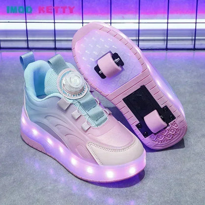 Children's Kids Boys Girls USB Charging Glowing Casual Sneakers Led Light Wheels Outdoor Parkour Roller Skate Shoes Sports For