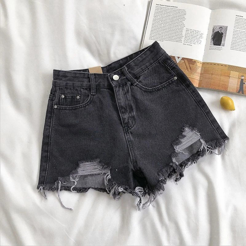 Korean Denim Holes Shorts For Women  Fashion High WaistWide Leg Short Jeans Female Designer Casual Street Short 2024 New