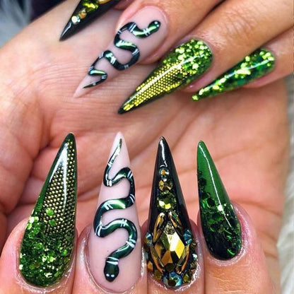 Long Stiletto Green Glitter Glue on Nails with Snake and Rhinestones