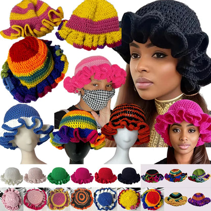 Handmade Crochet Knitted Hats Women Girl Crochet Scallop Ruffle Edge Knit Bucket Caps Adult Trendy Rainbow Striped Beach Sun Hat