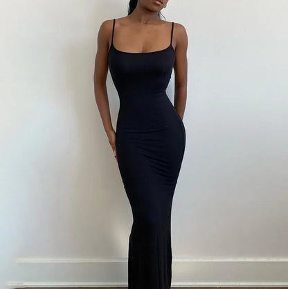 Sexy Bodycon Long Dress Solid Color Spaghetti Strap