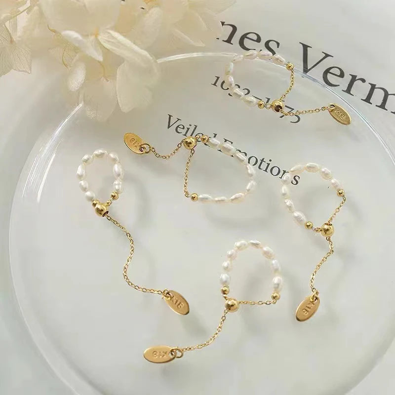 French Simple Retro Pearl Chain Pull Adjustment Gold Color Rings Girl's New Elegant Accessories Fashion Finger Jewelry For Woman