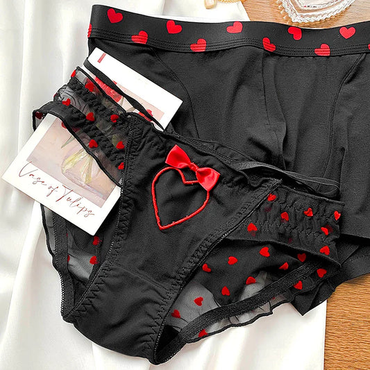 Couple Sexy Love Heart Briefs Bow Mid Waist Mesh Breathable Comfortable Knicker Men Boxer Shorts Boyfriend Girlfriend Underwear