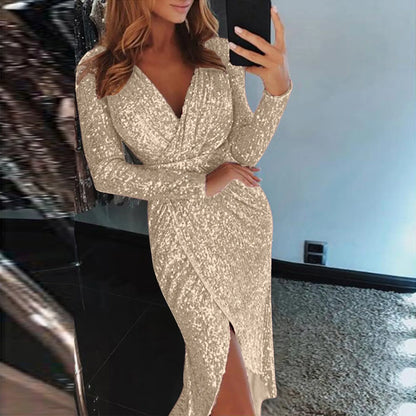 Slim Deep V Neck Hot Stamping Wrap Hip Long Sleeve Formal Dress