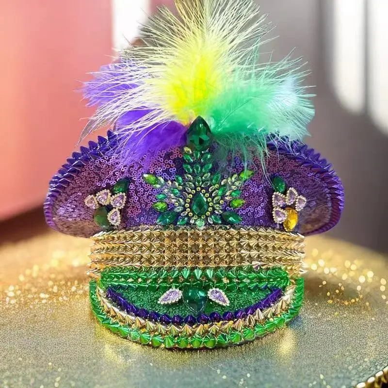 Mardi Gras Hat Chicken Feather Rhinestone Hen Do Hat Festival Captain Hat Steampunk Sergeant Headwear Music Festival Masquerade